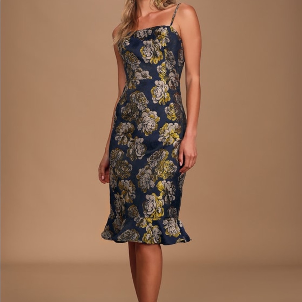 HUTCH LULUs Navy Blue Floral Jacquard Midi Dress